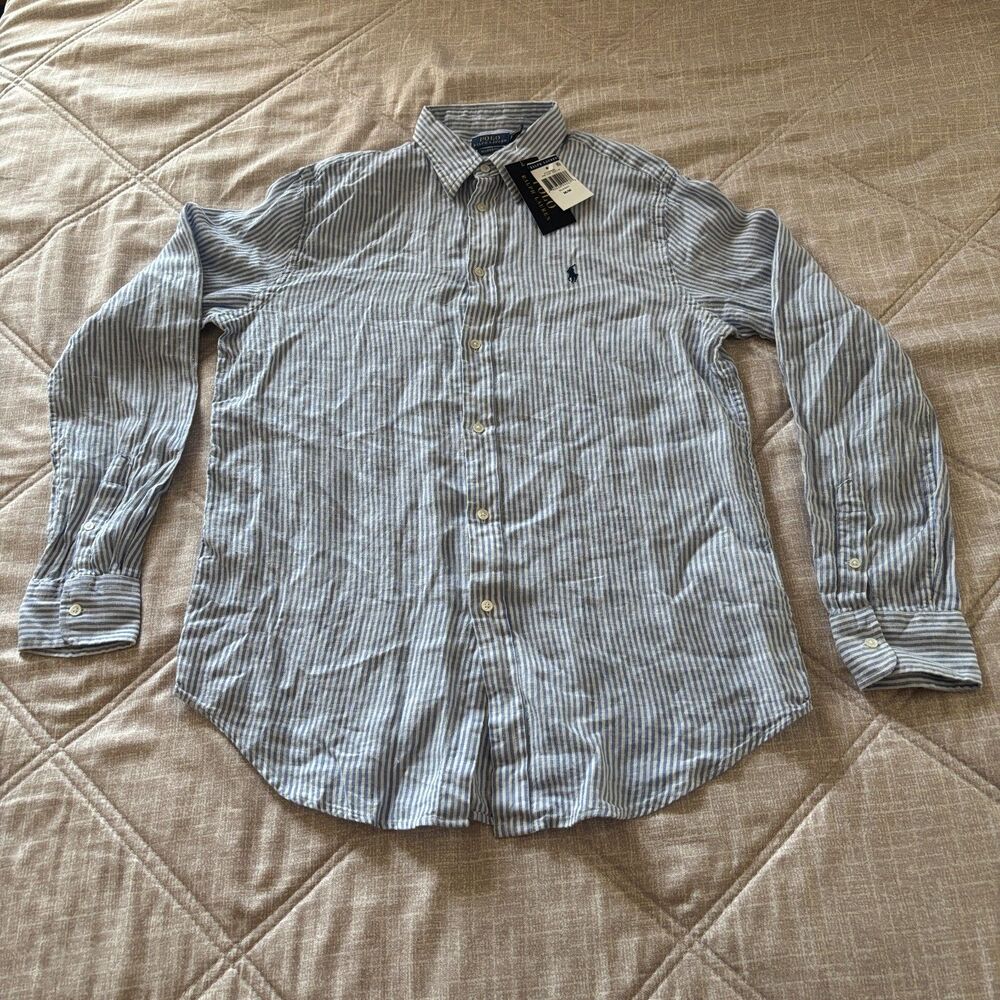 NWT Polo Ralph Lauren Blue White Striped 100% Linen Long Sleeve Shirt Men's M